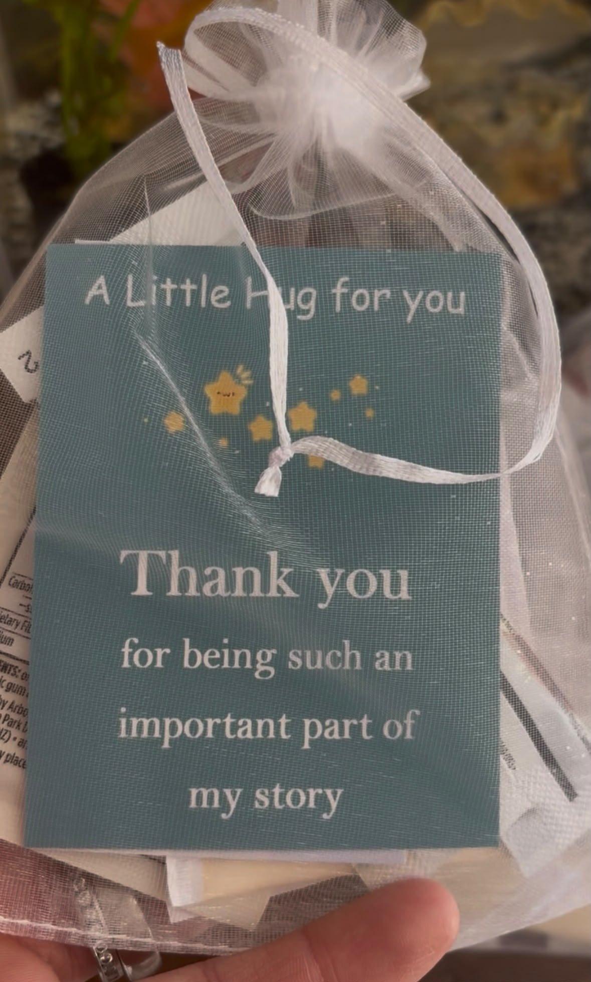 A thank-you note in a sample bag